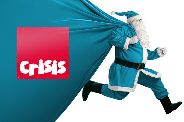 santa in blue costume carrying crisis logo in bag